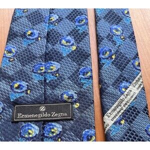 Ermenegildo Zegna 100% Silk Necktie Blue Yellow Floral Designer Made in Italy